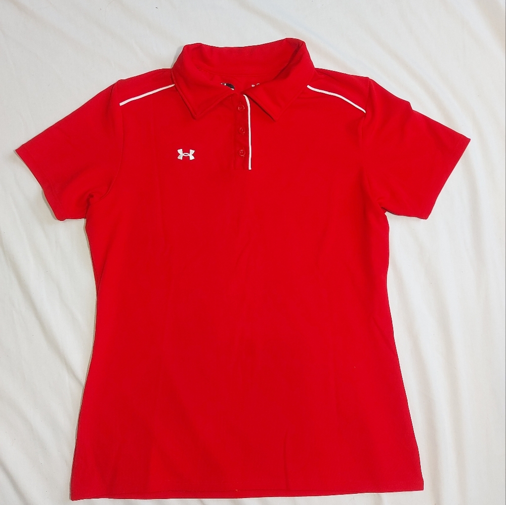Under Armour Heatgear Red Short Sleeve Button Collar Golf Shirt, medium